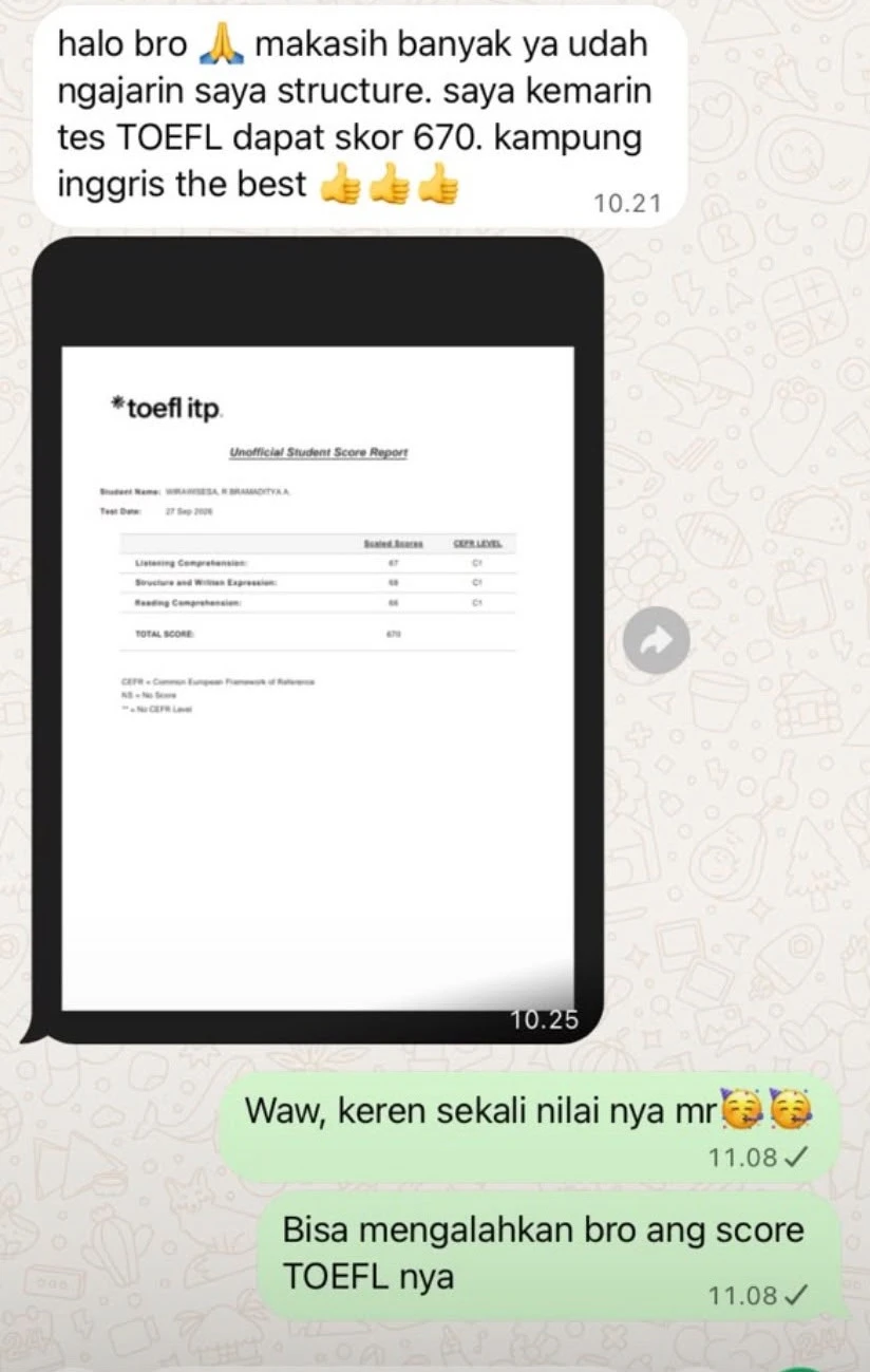 Pesan peserta dan cuplikan laporan skor TOEFL 670